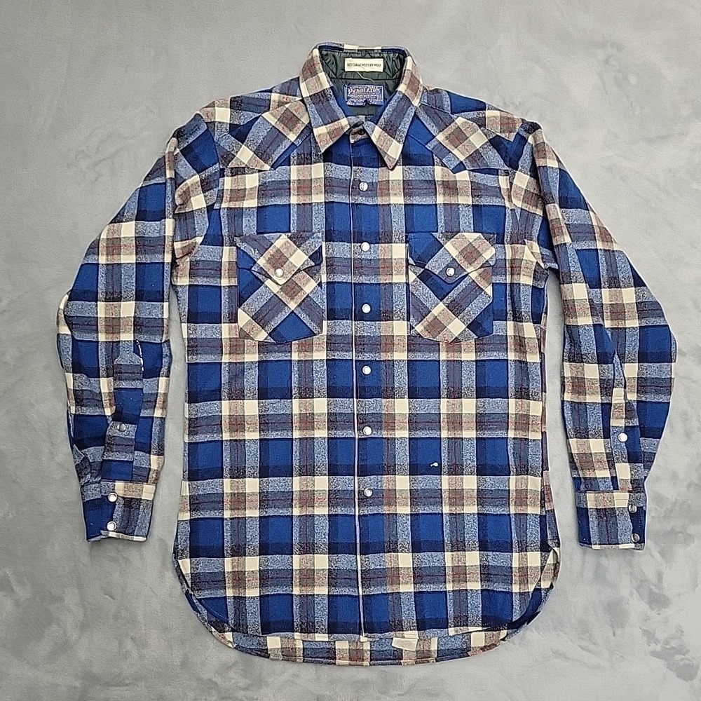 VTG Pendleton Wool Shirt Mens M Blue Plaid High Grade Western Wear Pearl Snap